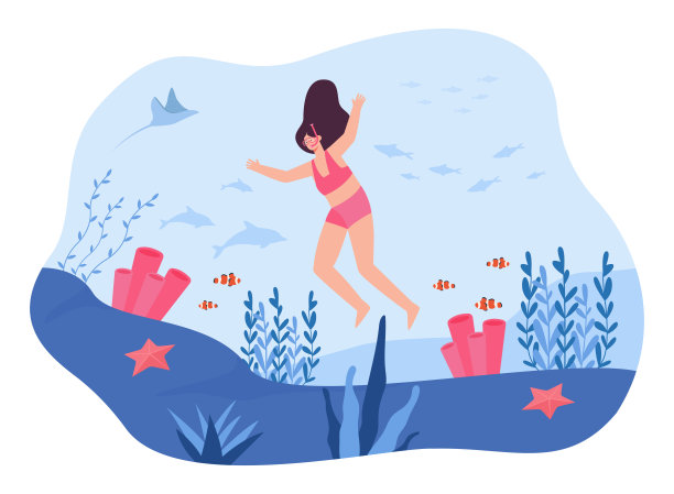 穿着泳装的女孩跳进海平矢量插图图片下载