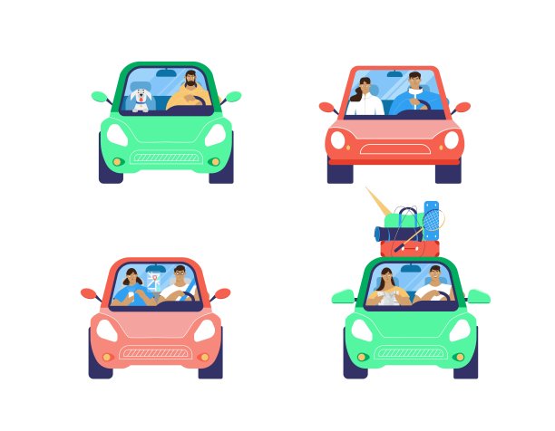 前视图的汽车与人，男人，女人，狗驾驶度假。矢量插图在平坦的风格，一套汽车图片下载