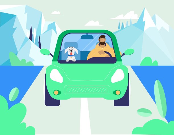 一个男人和他的狗在度假旅行。男人开车，宠物坐在乘客座位上。平面风格的矢量插图图片下载
