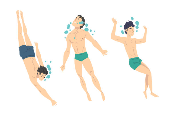 年轻人游泳和潜水在游泳池或海设置卡通矢量插图图片下载