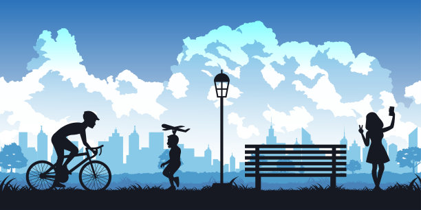 公园里人们活动的剪影，男人骑自行车，男孩玩飞机玩具，女人自拍图片下载