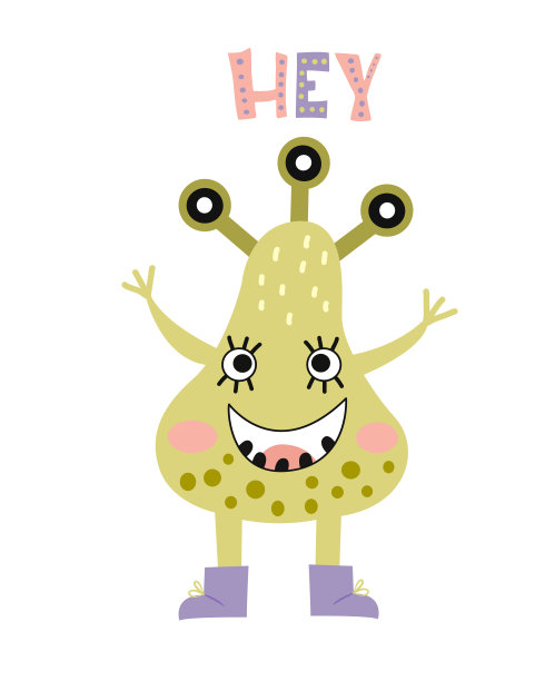 一个可爱的怪物的矢量插图铭文-嘿，在白色的背景上图片下载
