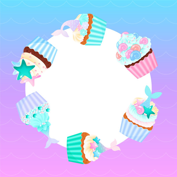 美人鱼派对背景与纸杯蛋糕卡通风格图片下载