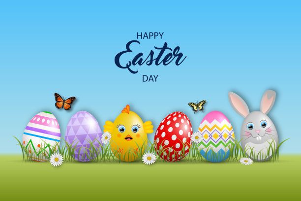 快乐的复活节背景，五彩缤纷的彩蛋，鲜花和蝴蝶图片下载