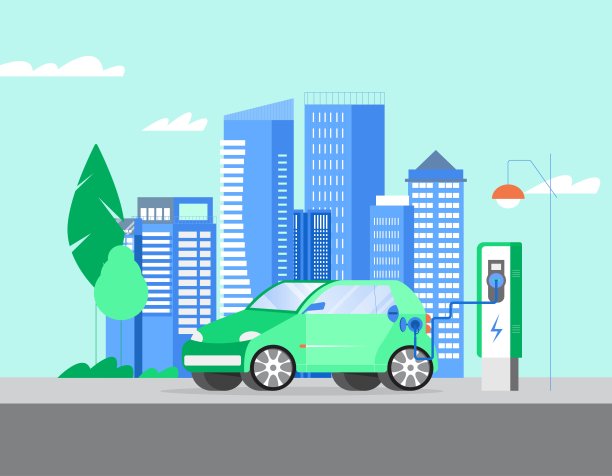 电动汽车在车站充电。平面向量插图。概念替代燃料和能源，环境保护。城市背景与摩天大楼图片下载