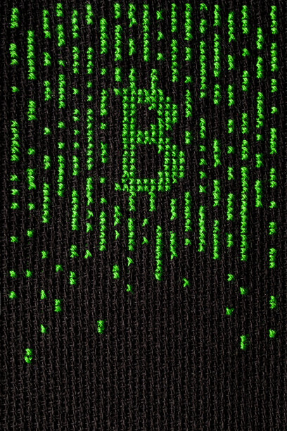比特币在黑色背景上用绿线刺绣。图片下载
