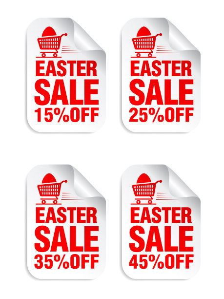 复活节销售白色贴纸设置红色文本。15%， 25%， 35%， 45%的折扣图片下载