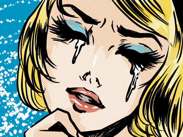 美国漫画插图，一个美丽的金发女人哭了一个破碎的心图片下载