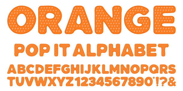 橙色popit字母和数字设置在烦躁玩具风格。Pop it字体设计作为一个时髦的硅胶玩具烦躁在明亮的颜色。气泡感觉字母如popit。孤立的卡通矢量插图图片下载