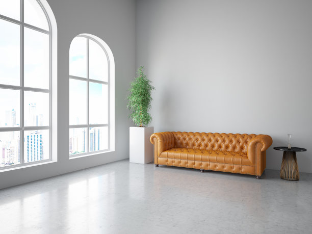 宽敞明亮的房间与皮革切斯特菲尔德风格沙发图片下载