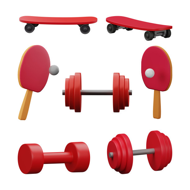 3d运动器材插图收集。滑板，网球拍，哑铃3d插图。图片下载