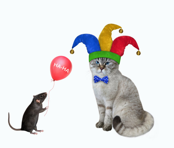 猫变灰了，小丑在带着红色气球的老鼠旁边图片下载