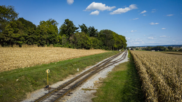 高架视野的铁路轨道穿过玉米田图片下载