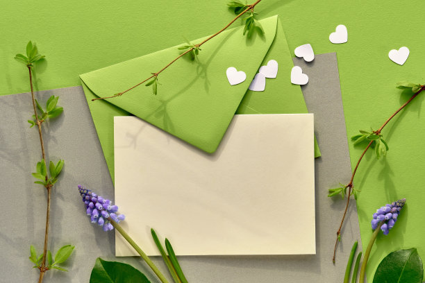 绿色的春天背景。纸信封，蓝色葡萄风信子花。心形纸屑在绿色和银色的纸背景图片下载