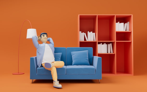 一个卡通人物在沙发上放松，3d渲染。图片下载