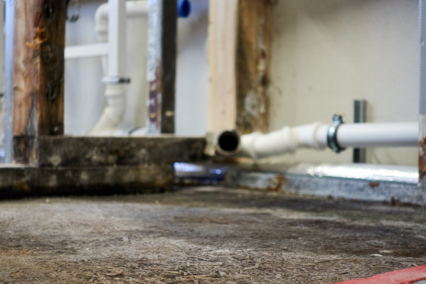 木地板上的霉菌、棕色厚木梁和白色污水管：错误安装后的损坏维修，保险案例图片下载