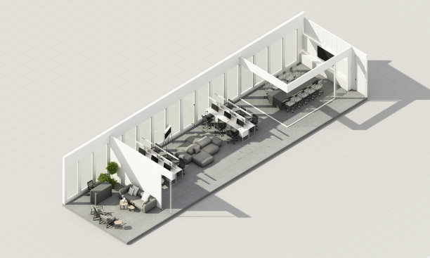 现代宽敞的办公室内，城市景观和日光。工作场所的设计概念，地毯地板和办公家具，会议室，客厅和接待大厅等距3D渲染图片下载