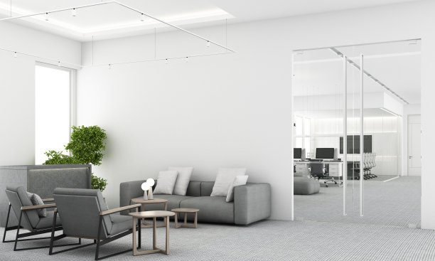 现代宽敞的办公室内，城市景观和日光。工作场所的设计概念为地毯地板和办公家具，会议室、起居区和接待大厅为白色。三维渲染图片下载