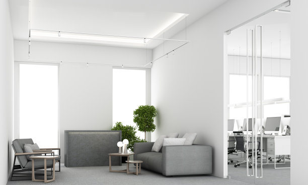 现代宽敞的办公室内，城市景观和日光。工作场所的设计概念为地毯地板和办公家具，会议室、起居区和接待大厅为白色。三维渲染图片下载