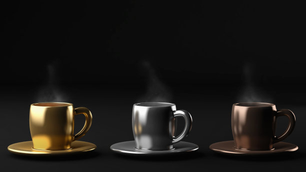 三个热咖啡杯在黑色背景，3d插图图片下载