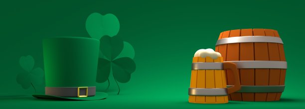 圣帕特里克节贺卡模板。三叶草，啤酒大酒杯，酒桶和绿色的矮妖大礼帽。三维渲染图片下载