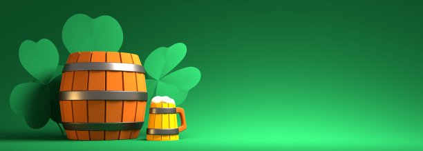 圣帕特里克节贺卡模板。三叶草，带啤酒和桶的大酒杯。三维渲染图片下载