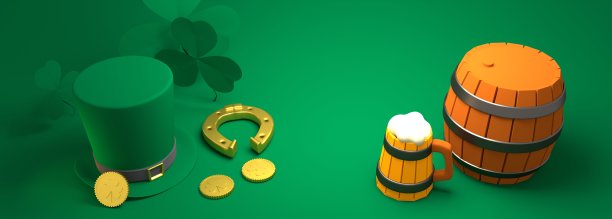 圣帕特里克节贺卡模板。三叶草，啤酒大酒杯，桶，马蹄铁，金币和绿色的小妖精大礼帽。前视图。三维渲染图片下载