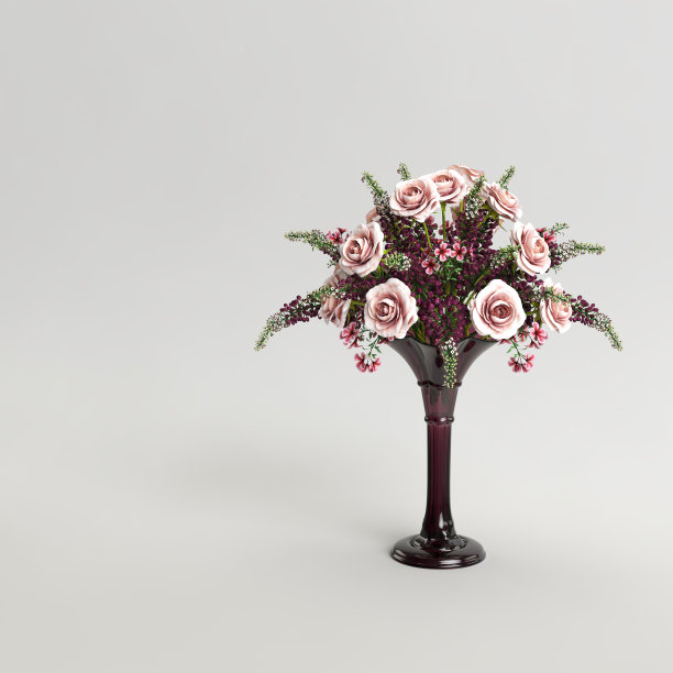 浅背景上镶有装饰性粉红色花朵的玻璃花瓶图片下载