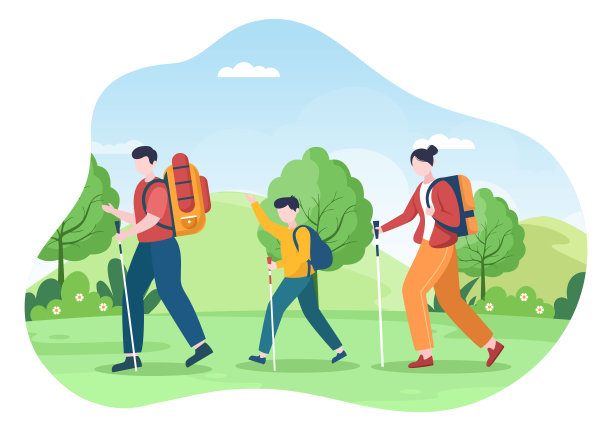 以攀爬、徒步、远足、徒步或度假为主题的探险之旅，以森林和山景为背景，以海报插图为主题图片下载