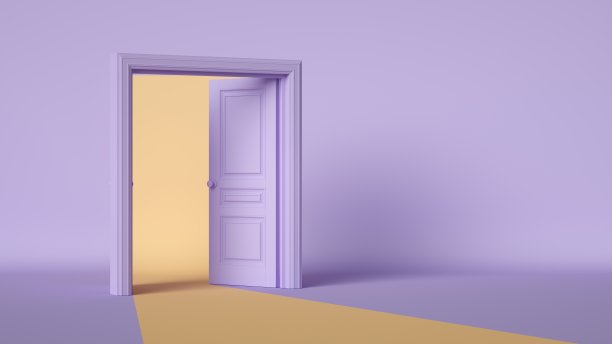 3d渲染，黄色的道路导致打开的双门在浅紫色的房间。丁香色背景的建筑或室内元素图片下载