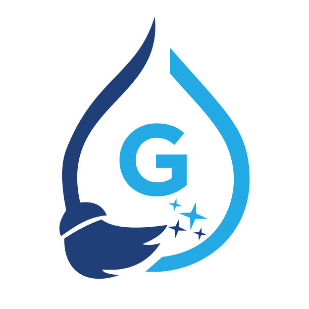 清洁标志在字母g清洁房子标志，新鲜清洁标志清洁刷和水滴概念模板图片下载