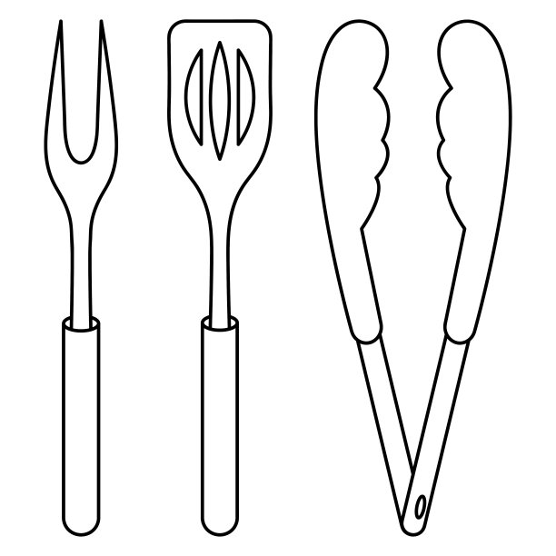 一套烧烤工具。草图。带两个尖头的肉叉，抹刀和钳子。矢量插图。着色。大纲孤立的背景。涂鸦风格。图片下载