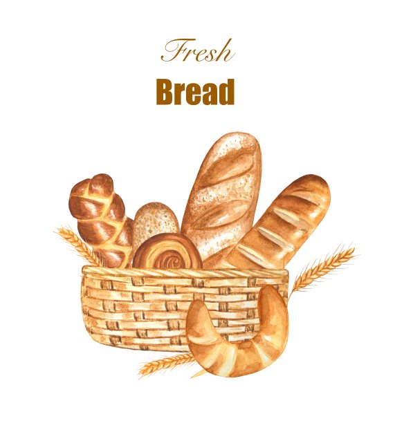 篮子里有新鲜的面包和麦穗糕点。手绘水彩插图图片下载