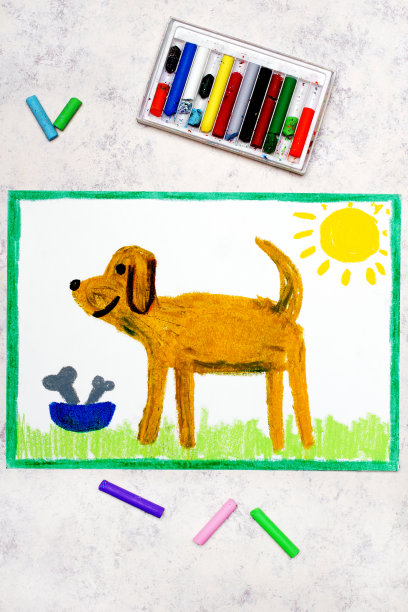 彩色绘画:切棕色狗和碗与骨头图片下载