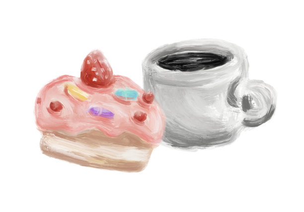 一套甜的甜点点心包括咖啡和草莓蛋糕在油笔画风格孤立在白色的背景上图片下载