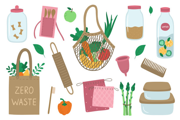 集零废物回收和可重复使用的产品。手绘可爱元素:玻璃罐，木梳子，布袋，竹牙刷图片下载
