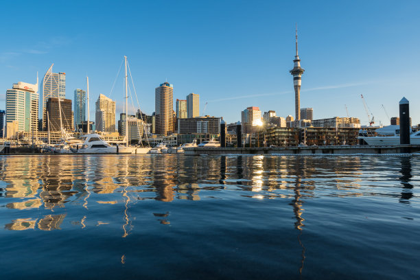 奥克兰海滨天际线的倒影。图片下载