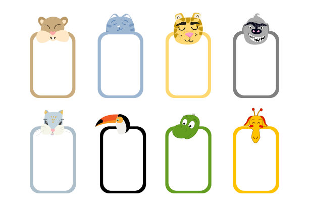 一组儿童卡片的文字。竖着放动物照片的相框。矢量模板帧与头动物。剪贴簿设计框架图片下载