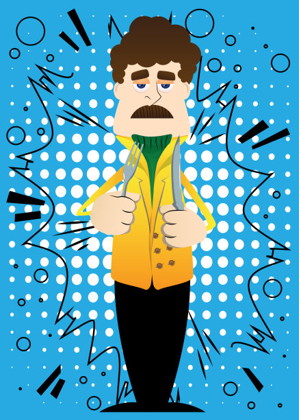 穿着冬天衣服的男人拿着刀叉。图片下载