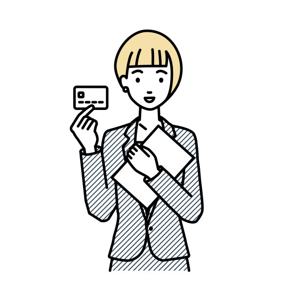 一个穿着西装的女人拿着一张信用卡和一台文件笔记本电脑图片下载