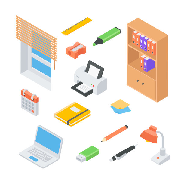 成套物品现代办公工作场所空间组织与家具、电子设备和文具等距矢量图片下载