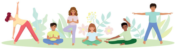 在大自然中，孩子们在做一个健康的生活方式矢量插图，树叶在一个平面卡通图片下载