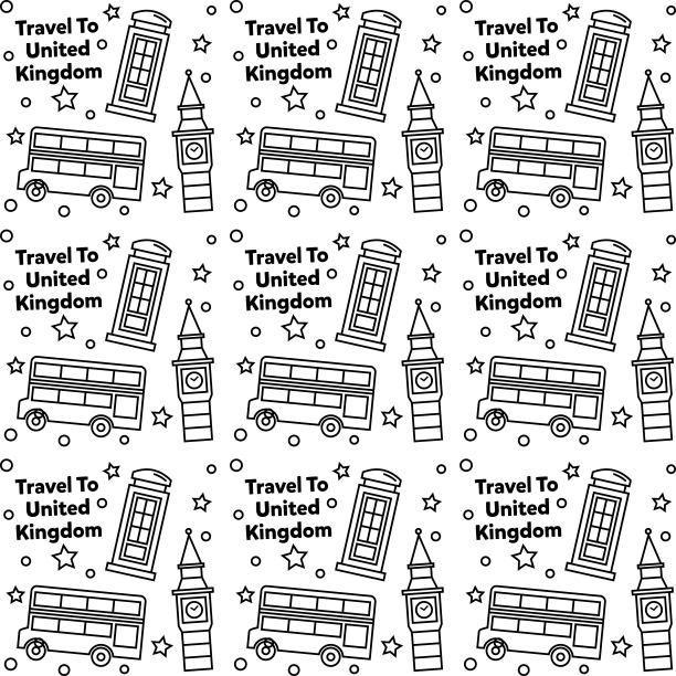 旅行到英国涂鸦无缝图案矢量设计。公共汽车、地图和旗帜是与英国相同的图标图片下载
