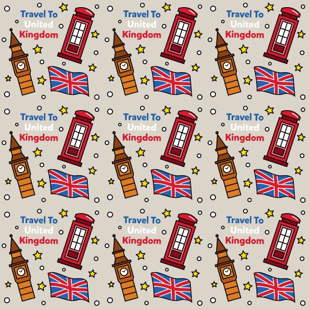 旅行到英国涂鸦无缝图案矢量设计。公共汽车、地图和旗帜是与英国相同的图标图片下载