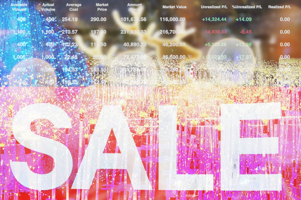 股票指数财务成功投资于圣诞节盛大的销售与模糊闪闪发光和明亮的灯光为商务演示和报告的背景。图片下载