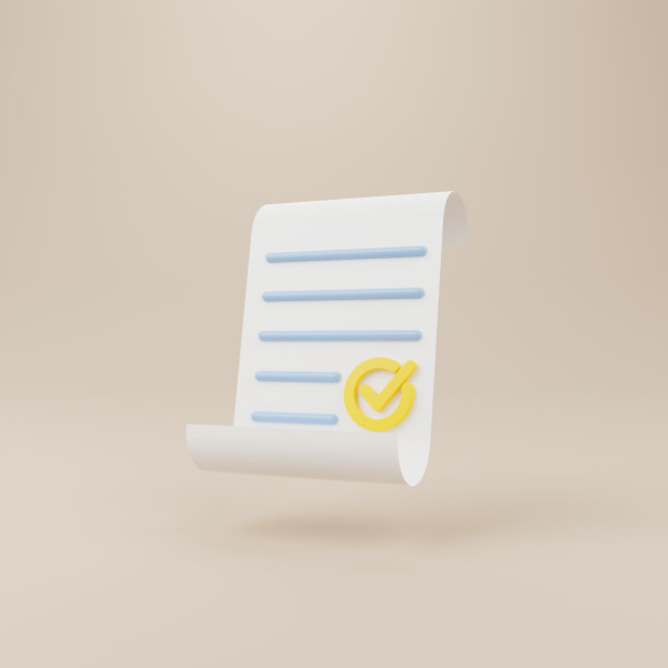 版权，证书和保修的概念。有勾号的纸。标准质量控制认证保证。三维渲染图片下载