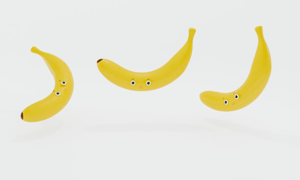 三香蕉在一个白色的背景上卡通风格的设置。三维演示图片下载