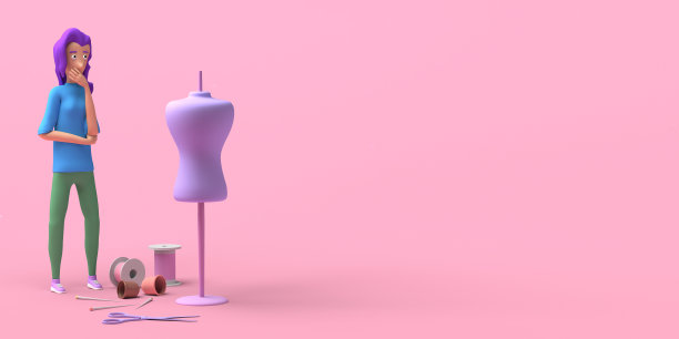 年轻的时装设计师在他的工作室里用人体模型和缝纫线做裁缝。3 d演示。副本的空间。图片下载