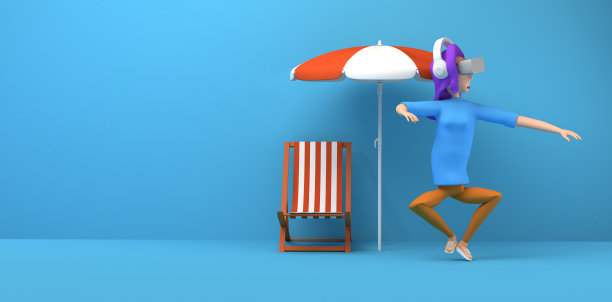 女子漂浮使用虚拟现实耳机与沙滩伞和沙滩椅。虚拟旅游。副本的空间。3 d演示。卡通。图片下载