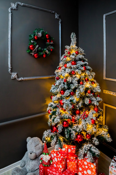 圣诞和新年照相馆，圣诞树，盒子，礼物，花环，灰墙，球(11)。图片下载